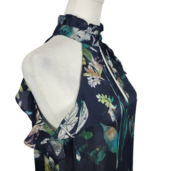Modern Chic Floral Cheer Navy Blue Ruffled Business Casual Blouse Halter Top XS - Picture 2 of 16